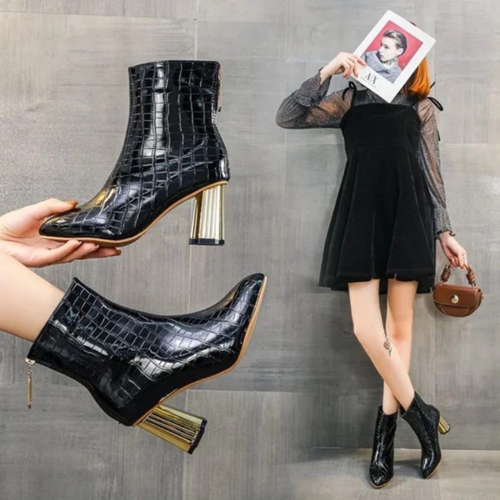 zipper ankle boots women's metal heel embossed shiny leather nude boots - Picture 8 of 9